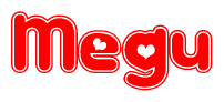 The image is a red and white graphic with the word Megu written in a decorative script. Each letter in  is contained within its own outlined bubble-like shape. Inside each letter, there is a white heart symbol.