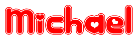 The image is a red and white graphic with the word Michael written in a decorative script. Each letter in  is contained within its own outlined bubble-like shape. Inside each letter, there is a white heart symbol.