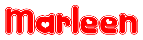 The image is a red and white graphic with the word Marleen written in a decorative script. Each letter in  is contained within its own outlined bubble-like shape. Inside each letter, there is a white heart symbol.
