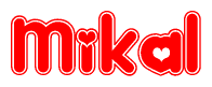 The image is a red and white graphic with the word Mikal written in a decorative script. Each letter in  is contained within its own outlined bubble-like shape. Inside each letter, there is a white heart symbol.