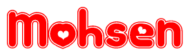 The image is a clipart featuring the word Mohsen written in a stylized font with a heart shape replacing inserted into the center of each letter. The color scheme of the text and hearts is red with a light outline.