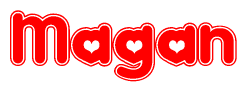 The image displays the word Magan written in a stylized red font with hearts inside the letters.