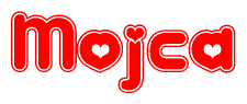 The image is a clipart featuring the word Mojca written in a stylized font with a heart shape replacing inserted into the center of each letter. The color scheme of the text and hearts is red with a light outline.
