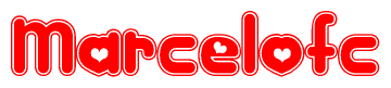 The image is a clipart featuring the word Marcelofc written in a stylized font with a heart shape replacing inserted into the center of each letter. The color scheme of the text and hearts is red with a light outline.