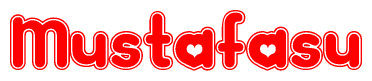   The image is a clipart featuring the word Mustafasu written in a stylized font with a heart shape replacing inserted into the center of each letter. The color scheme of the text and hearts is red with a light outline. 