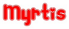The image is a red and white graphic with the word Myrtis written in a decorative script. Each letter in  is contained within its own outlined bubble-like shape. Inside each letter, there is a white heart symbol.