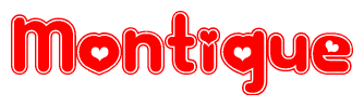 The image is a clipart featuring the word Montique written in a stylized font with a heart shape replacing inserted into the center of each letter. The color scheme of the text and hearts is red with a light outline.