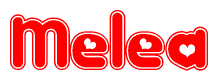 The image displays the word Melea written in a stylized red font with hearts inside the letters.