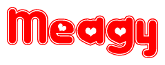 The image is a red and white graphic with the word Meagy written in a decorative script. Each letter in  is contained within its own outlined bubble-like shape. Inside each letter, there is a white heart symbol.