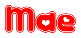 The image is a red and white graphic with the word Mae written in a decorative script. Each letter in  is contained within its own outlined bubble-like shape. Inside each letter, there is a white heart symbol.