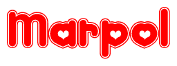 The image is a red and white graphic with the word Marpol written in a decorative script. Each letter in  is contained within its own outlined bubble-like shape. Inside each letter, there is a white heart symbol.