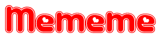 The image is a clipart featuring the word Mememe written in a stylized font with a heart shape replacing inserted into the center of each letter. The color scheme of the text and hearts is red with a light outline.
