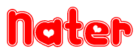 The image is a red and white graphic with the word Nater written in a decorative script. Each letter in  is contained within its own outlined bubble-like shape. Inside each letter, there is a white heart symbol.