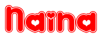 The image is a clipart featuring the word Naina written in a stylized font with a heart shape replacing inserted into the center of each letter. The color scheme of the text and hearts is red with a light outline.