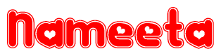 The image is a red and white graphic with the word Nameeta written in a decorative script. Each letter in  is contained within its own outlined bubble-like shape. Inside each letter, there is a white heart symbol.