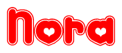 The image is a red and white graphic with the word Nora written in a decorative script. Each letter in  is contained within its own outlined bubble-like shape. Inside each letter, there is a white heart symbol.