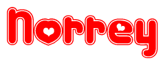 The image is a red and white graphic with the word Norrey written in a decorative script. Each letter in  is contained within its own outlined bubble-like shape. Inside each letter, there is a white heart symbol.