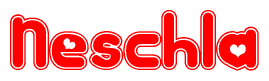The image is a clipart featuring the word Neschla written in a stylized font with a heart shape replacing inserted into the center of each letter. The color scheme of the text and hearts is red with a light outline.