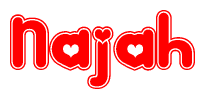 The image is a red and white graphic with the word Najah written in a decorative script. Each letter in  is contained within its own outlined bubble-like shape. Inside each letter, there is a white heart symbol.