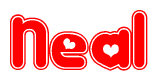 The image is a red and white graphic with the word Neal written in a decorative script. Each letter in  is contained within its own outlined bubble-like shape. Inside each letter, there is a white heart symbol.