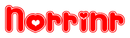 The image displays the word Norrinr written in a stylized red font with hearts inside the letters.