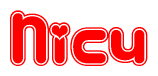 The image is a red and white graphic with the word Nicu written in a decorative script. Each letter in  is contained within its own outlined bubble-like shape. Inside each letter, there is a white heart symbol.