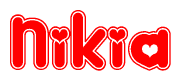 The image is a red and white graphic with the word Nikia written in a decorative script. Each letter in  is contained within its own outlined bubble-like shape. Inside each letter, there is a white heart symbol.