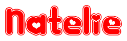 The image is a red and white graphic with the word Natelie written in a decorative script. Each letter in  is contained within its own outlined bubble-like shape. Inside each letter, there is a white heart symbol.
