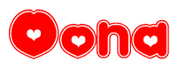 The image is a clipart featuring the word Oona written in a stylized font with a heart shape replacing inserted into the center of each letter. The color scheme of the text and hearts is red with a light outline.
