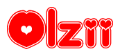 The image is a red and white graphic with the word Olzii written in a decorative script. Each letter in  is contained within its own outlined bubble-like shape. Inside each letter, there is a white heart symbol.