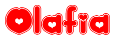 The image is a clipart featuring the word Olafia written in a stylized font with a heart shape replacing inserted into the center of each letter. The color scheme of the text and hearts is red with a light outline.