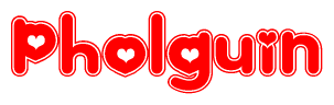 The image is a clipart featuring the word Pholguin written in a stylized font with a heart shape replacing inserted into the center of each letter. The color scheme of the text and hearts is red with a light outline.