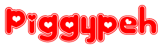 The image is a red and white graphic with the word Piggypeh written in a decorative script. Each letter in  is contained within its own outlined bubble-like shape. Inside each letter, there is a white heart symbol.