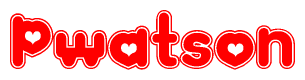 The image displays the word Pwatson written in a stylized red font with hearts inside the letters.