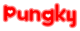 The image is a red and white graphic with the word Pungky written in a decorative script. Each letter in  is contained within its own outlined bubble-like shape. Inside each letter, there is a white heart symbol.