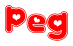 The image displays the word Peg written in a stylized red font with hearts inside the letters.