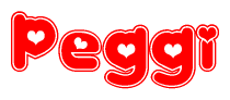 The image displays the word Peggi written in a stylized red font with hearts inside the letters.