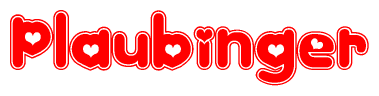 The image is a clipart featuring the word Plaubinger written in a stylized font with a heart shape replacing inserted into the center of each letter. The color scheme of the text and hearts is red with a light outline.