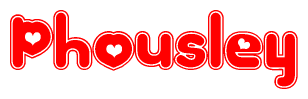 The image is a red and white graphic with the word Phousley written in a decorative script. Each letter in  is contained within its own outlined bubble-like shape. Inside each letter, there is a white heart symbol.