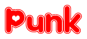 The image is a clipart featuring the word Punk written in a stylized font with a heart shape replacing inserted into the center of each letter. The color scheme of the text and hearts is red with a light outline.