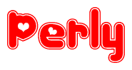 The image is a red and white graphic with the word Perly written in a decorative script. Each letter in  is contained within its own outlined bubble-like shape. Inside each letter, there is a white heart symbol.