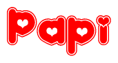 The image displays the word Papi written in a stylized red font with hearts inside the letters.