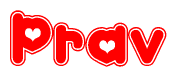 The image is a clipart featuring the word Prav written in a stylized font with a heart shape replacing inserted into the center of each letter. The color scheme of the text and hearts is red with a light outline.