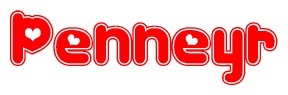 The image displays the word Penneyr written in a stylized red font with hearts inside the letters.