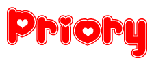 The image displays the word Priory written in a stylized red font with hearts inside the letters.