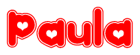 The image is a red and white graphic with the word Paula written in a decorative script. Each letter in  is contained within its own outlined bubble-like shape. Inside each letter, there is a white heart symbol.