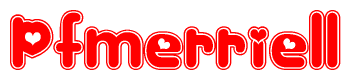 The image displays the word Pfmerriell written in a stylized red font with hearts inside the letters.