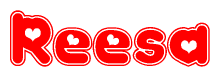 The image is a red and white graphic with the word Reesa written in a decorative script. Each letter in  is contained within its own outlined bubble-like shape. Inside each letter, there is a white heart symbol.