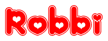 The image is a clipart featuring the word Robbi written in a stylized font with a heart shape replacing inserted into the center of each letter. The color scheme of the text and hearts is red with a light outline.