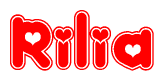 The image is a red and white graphic with the word Rilia written in a decorative script. Each letter in  is contained within its own outlined bubble-like shape. Inside each letter, there is a white heart symbol.